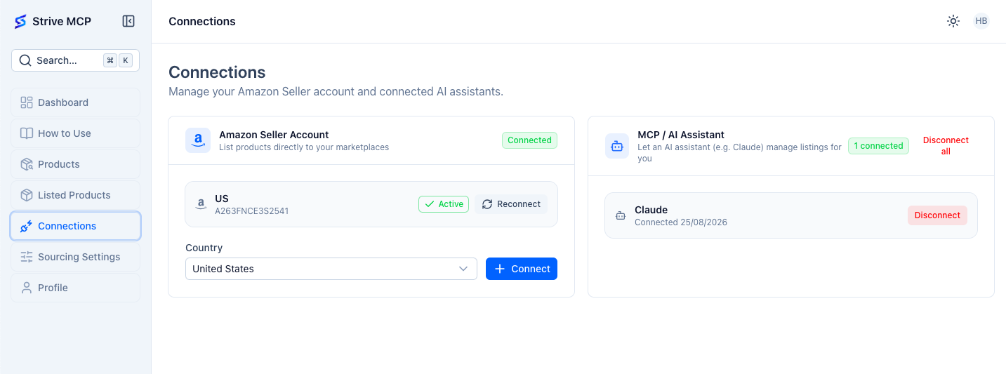 Connected Amazon accounts in Strive MCP