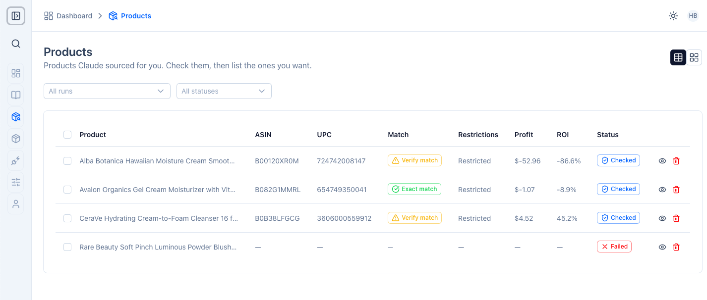 Sourced products list in Strive MCP